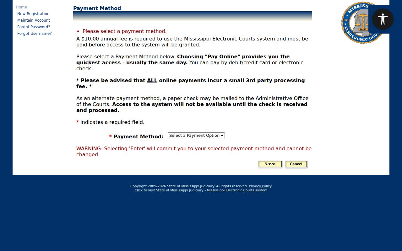 Chickasaw County case search PAMEC annual payment method screen