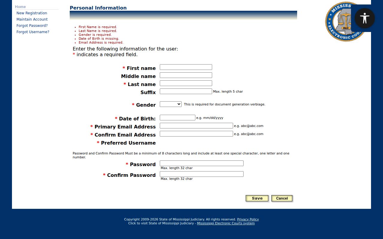Chickasaw County case search PAMEC personal information registration fields