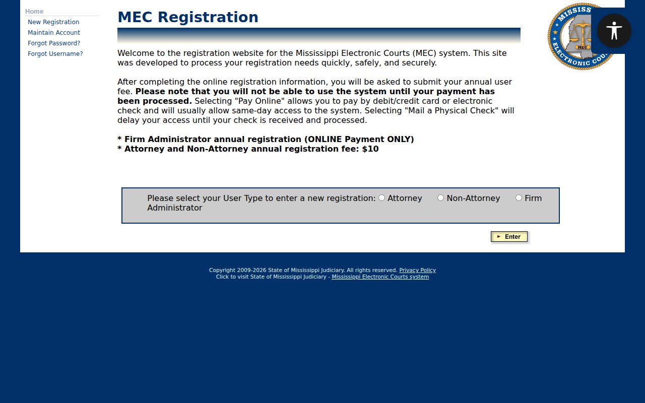 Chickasaw County docket search PAMEC registration account type and fee notice