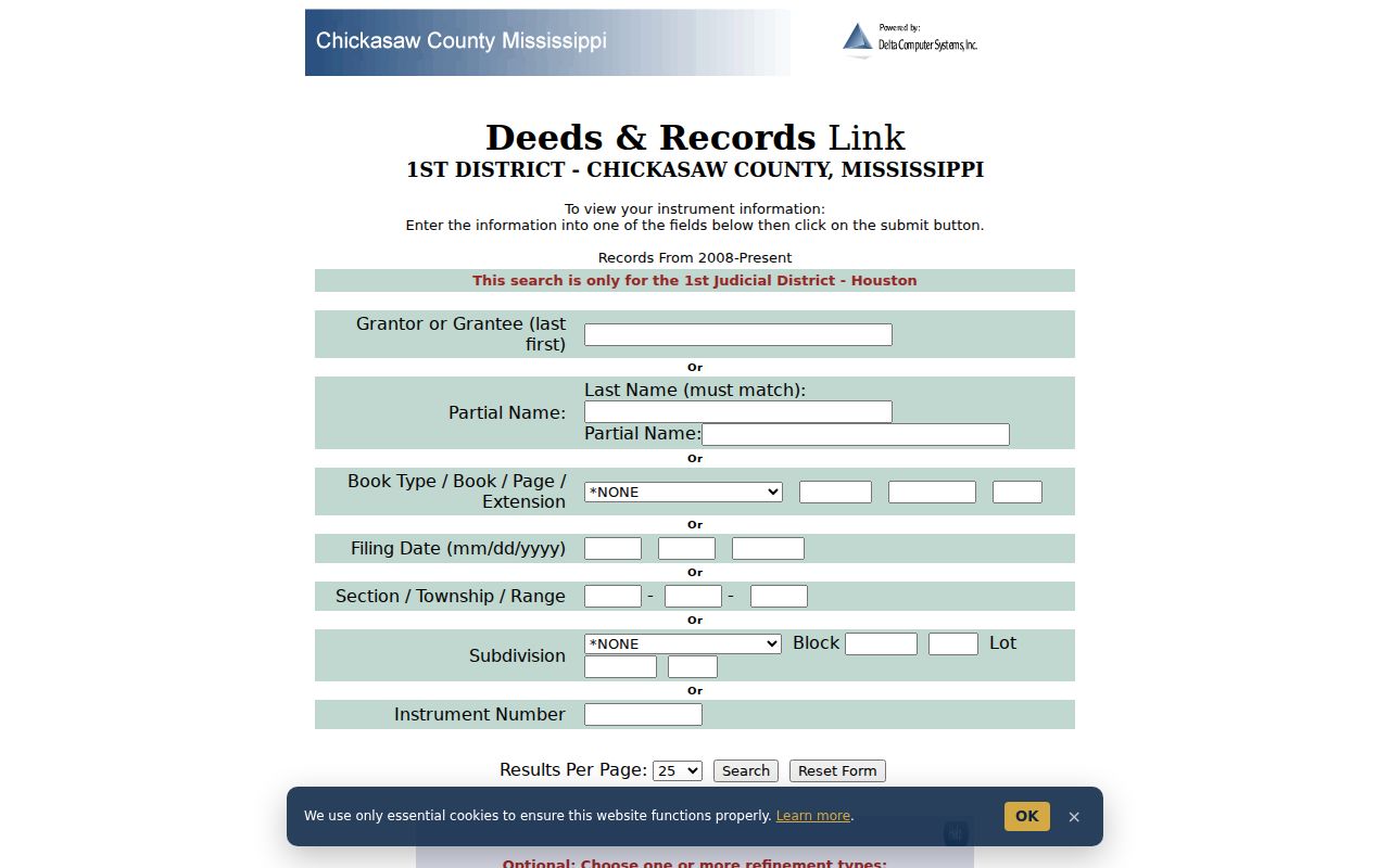 Chickasaw County civil court docket Houston deed and instrument search screen