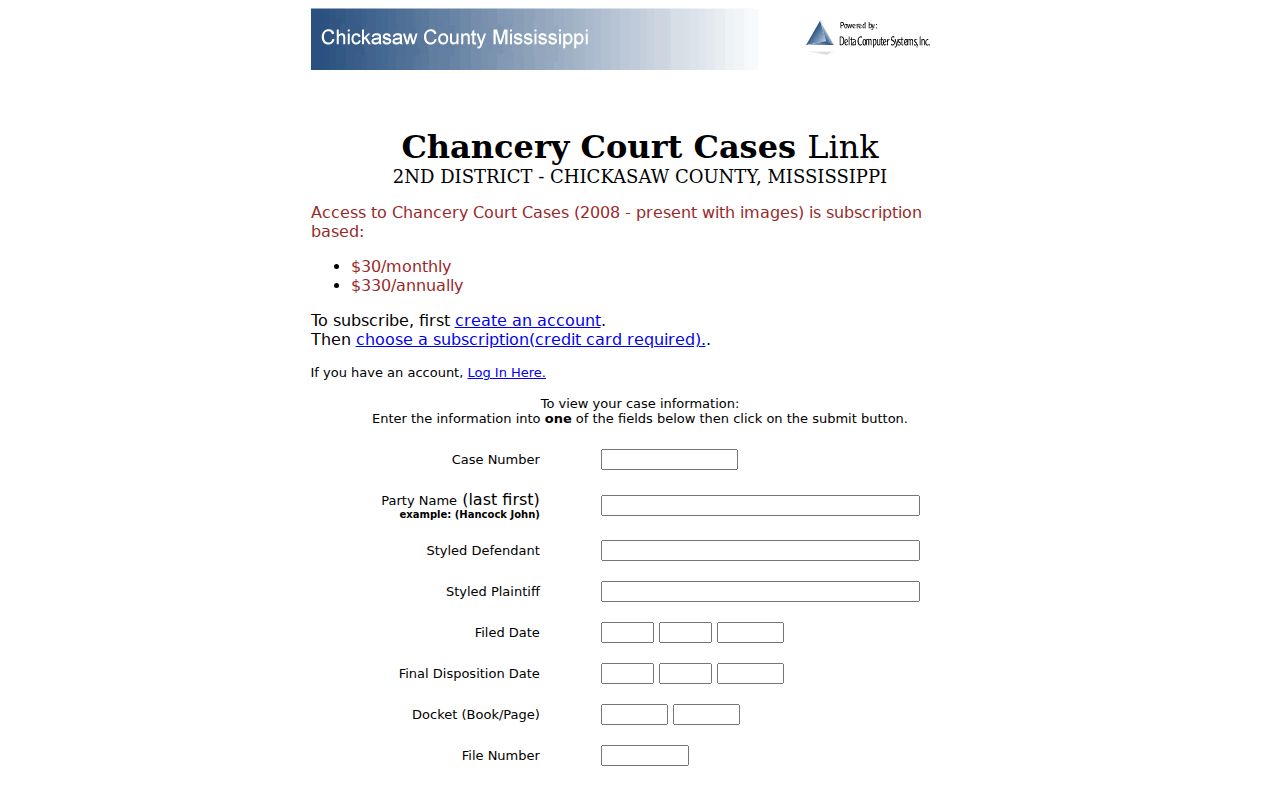 Chickasaw County civil court docket Okolona Chancery search form