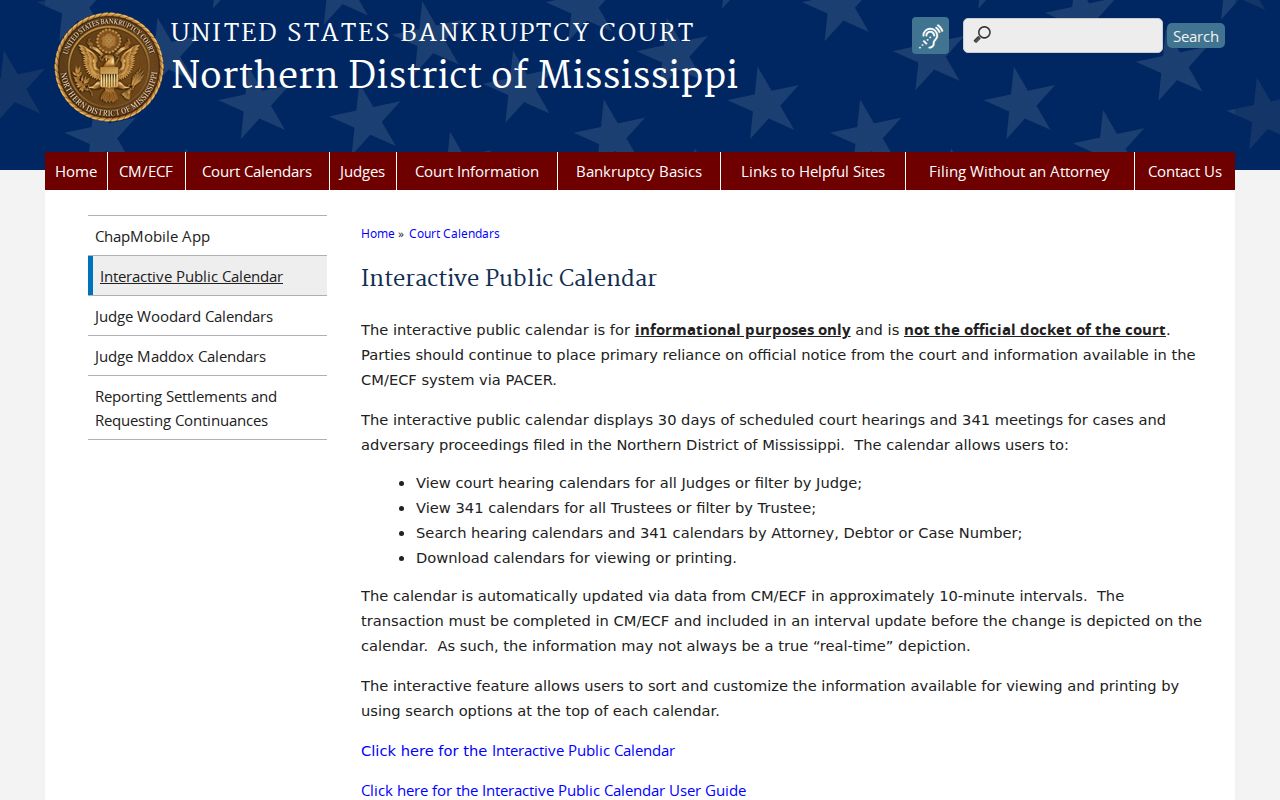 Chickasaw County court calendar comparison with the Northern District bankruptcy public calendar interface
