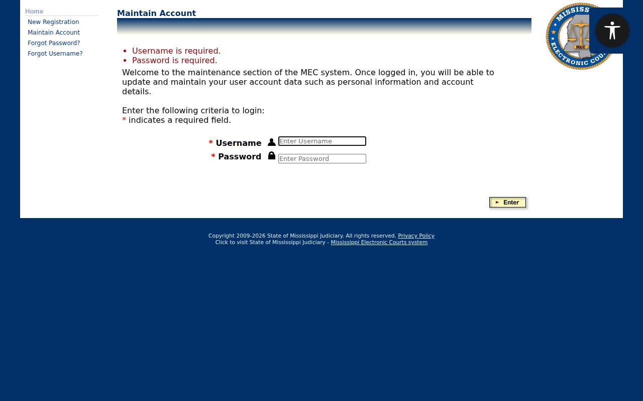 Chickasaw County criminal court docket PAMEC login screen