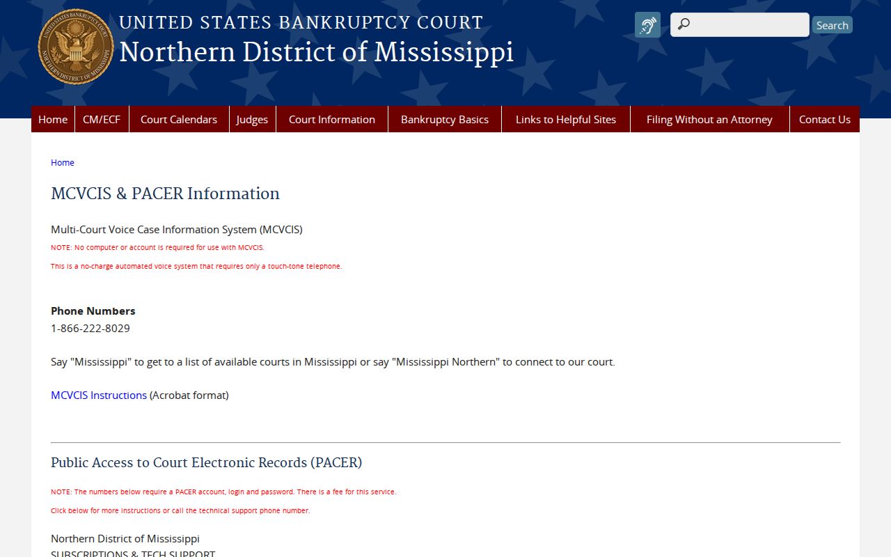 Chickasaw County court docket MCVCIS and PACER access information
